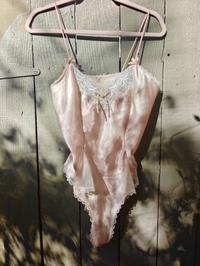 Delicate Vintage Pink Satin Lace-Trim Bodysuit